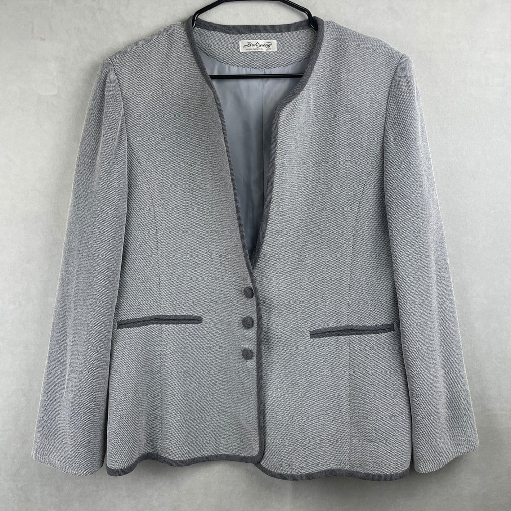 VTG Bokyung High Fashion Grey Textured Collarless Classic Blazer Contrast Trim M